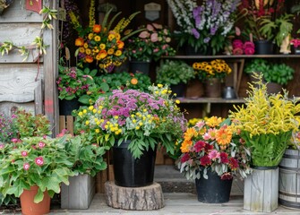 A vibrant flower shop display featuring colorful potted plants and flowers in various arrangements