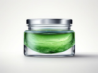 Incredible Green jar with white cream and plastic spatula on background, side view, copy space