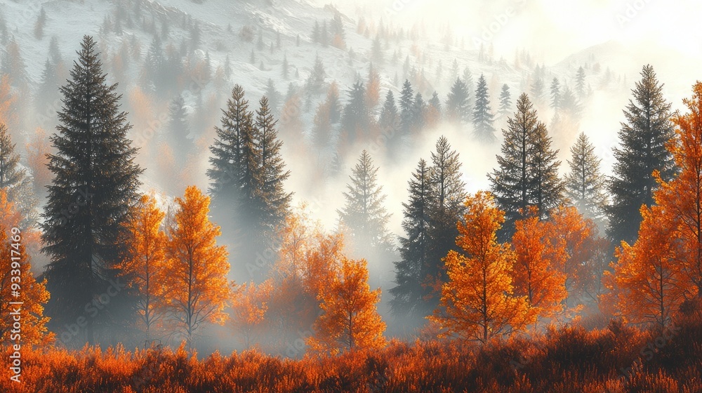 Poster Golden and orange leaves shimmer under soft sunlight, creating a warm atmosphere in a misty forest teeming with evergreen trees