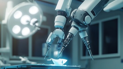 Modern AI-driven health robot conducting a procedure in a high-tech operating suite in exactness and tech in medicine