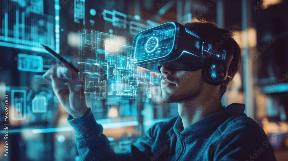 Poster man wearing vr headset interacting with digital interface