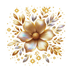 Gold flower leaves hologram clipart, golden glitter floral shiny sparkling transparent background