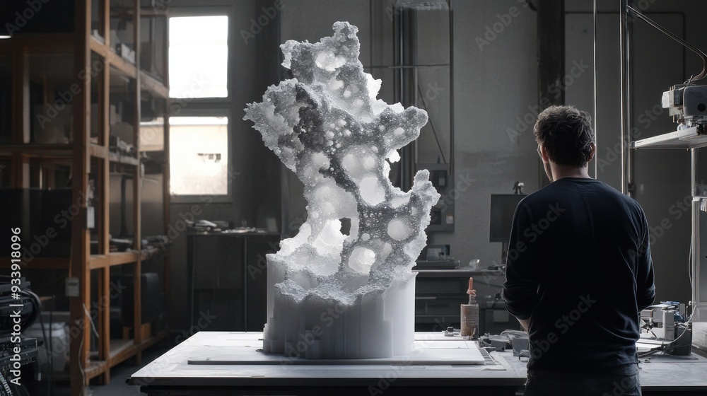 Poster A Man Looking at a 3D Printed Structure in a Factory