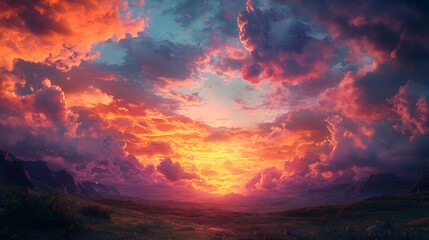 Fototapeta premium Breathtaking Sunset Landscape with Dramatic Clouds and Serene Mountain Valley