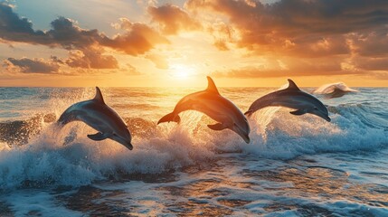 Fototapeta premium Dolphins Jumping at Sunset