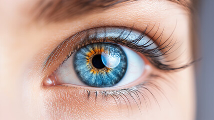 Fototapeta premium Extreme close-up of a blue eye with a golden and blue iris, showcasing its intricate detail and natural beauty.