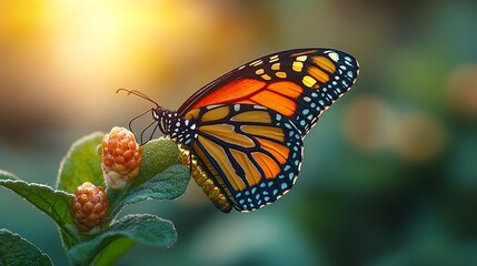 Obraz premium A monarch butterfly with orange and black wings sits on a green plant with small, orange buds, against a blurry background of a golden sunset.