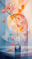 Abstract artwork featuring delicate blossoms above a vase with water, set against a backdrop of geometric shapes and soft, warm colors.
