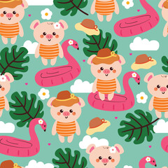 seamless pattern cartoon pig with summer vibes and stuff. cute summer wallpaper for fabric print, gift wrap paper