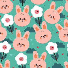 seamless pattern cartoon bunny with flower and clouds. cute wallpaper for fabric print, gift wrap paper