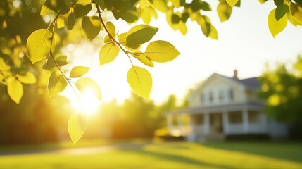 Obraz premium A close-up shot of a tree branch filled with lush green leaves, silhouetted against the soft, sunlit facade of a large house in a charming American suburb. The branch is in sharp f