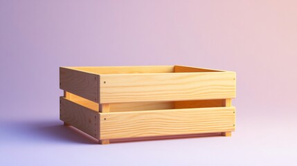 A simple wooden crate box with smooth, polished sides, isolated on a light lavender background, with a slight gradient