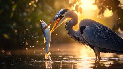 Great Blue Heron Capturing Prey at Sunset