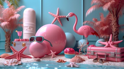 Inflatable ball, airplane, sunglasses, starfish, suitcase, flamingo
