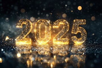 Happy New Year 2025. Glowing glitter text "2025" isolated on black background. with generative ai