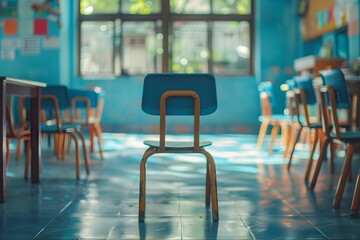 A Serene Classroom Scene with Empty Chairs and Bright Blue Walls