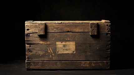 A vintage wooden crate box with old shipping labels and worn paint, isolated on a black background, with dramatic lighting creating deep shadows