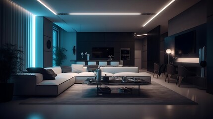 A futuristic yet comfortable living area equipped with advanced technology
