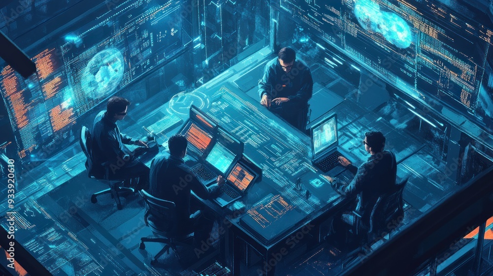 Poster Four Hackers Working on a Complex Network of Screens