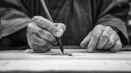 Black and white close-up of elderly hands carefully holding a brush, emphasizing the delicate art of calligraphy. The focus on the hands highlights the mastery and tradition of the craft.