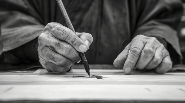 Black and white close-up of elderly hands carefully holding a brush, emphasizing the delicate art of calligraphy. The focus on the hands highlights the mastery and tradition of the craft.