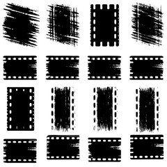 A collection of black and white film strips placed on a white background