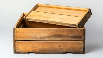 Obraz premium A wooden crate box with a sliding lid, isolated on a light gray background, with the lid partially open to reveal an empty interior