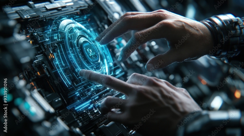 Poster a hand interacting with a futuristic interface