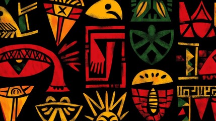 Abstract Mosaic Pattern with Red, Yellow, and Green Geometric Shapes on Black Background, Mosaic Art, Abstract Pattern, Geometric Shapes, Digital Art