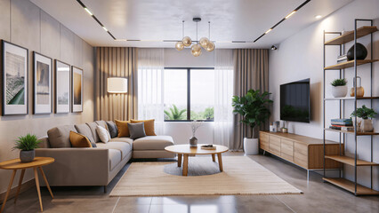 Fototapeta premium a minimal room with curtains and a potted plant