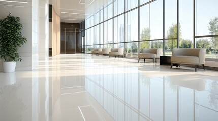 Fototapeta premium Spacious and bright office lobby with large windows, plants, and seating area.