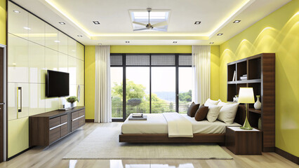 Fototapeta premium a minimal room with curtains and a potted plant