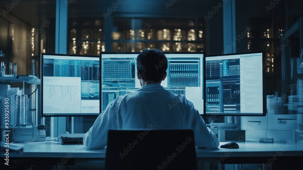 Poster Person in White Coat Working on Multiple Computer Monitors in a Dark Room