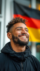 A young man smiling broadly with a German flag in the background. The image captures his pride and optimism in a vibrant and lively outdoor setting.