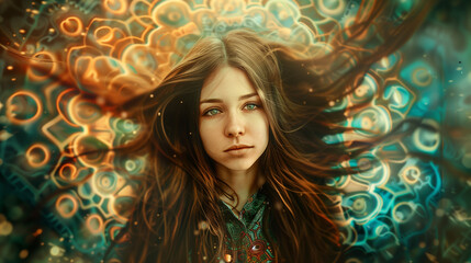A portrait of a young woman with flowing long hair against an abstract patterned background. Her expressive green eyes create a deep 