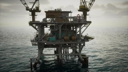 An aging oil rig platform standing tall amidst the vast blue ocean, extracting fossil fuels to meet energy demands.