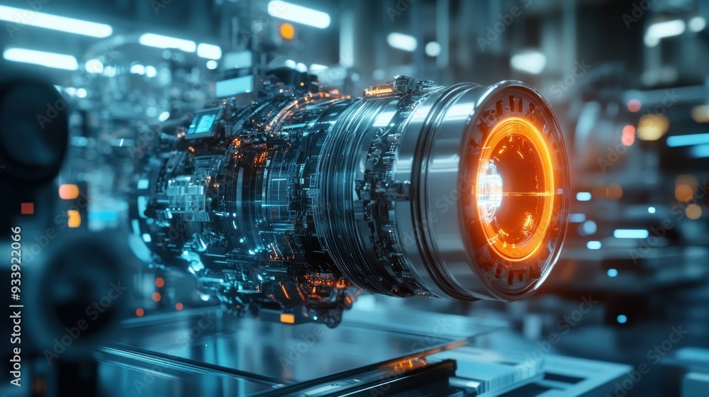 Poster close-up of a futuristic machine with orange glow