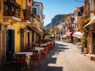 Obraz premium Amazing Openair cafe near famous houses by the sea in mykonos island greece