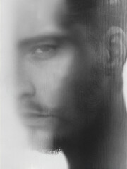A black and white photo of a man's face, with a blurry backdrop that makes it difficult to discern any details.