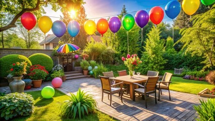 Fototapeta premium Vibrant rainbow-colored balloons and festive decorations adorn a sunny backyard patio on a warm summer morning, celebrating a special June 19th occasion or anniversary.