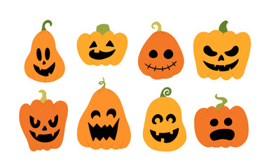 Vector set of various halloween jack-o-lantern with different face expressions. Cute and spooky pumpkins on white isolated background. Flat cartoon vector collection