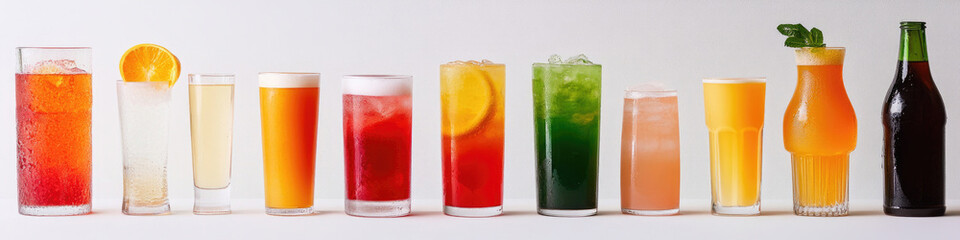 A lineup of various refreshing beverages on a clean white background.