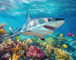 Fototapeta premium The stunning underwater scene featuring a powerful white shark and vibrant fish swimming near colorful coral reefs in crystal-clear blue water