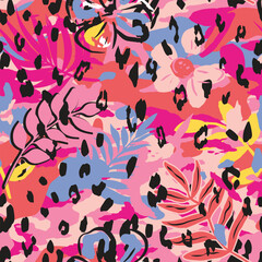 Exotic hand drawn flower and leaf seamless pattern with abstract background