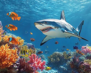 Fototapeta premium The explore the majestic world of ocean life with a thrilling scene featuring a powerful white shark and colorful fish swimming gracefully near vibrant coral reefs