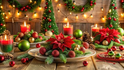 Vibrant red and green ornaments, garlands, and poinsettias adorn a festive holiday table setting, surrounded by candles, pinecones, and snowflakes, evoking a cozy winter wonderland atmosphere.