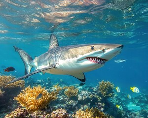 Obraz premium White shark and fish swim underwater near coral reefs, wild sea predator in blue water. Theme of ocean life, teeth, wildlife, travel, marine nature