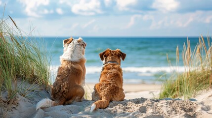 Two friendly dogs, one brown and one white, sitting on the sandy beach with green grass, looking at the ocean under a beautiful blue sky, reflecting summer joy.