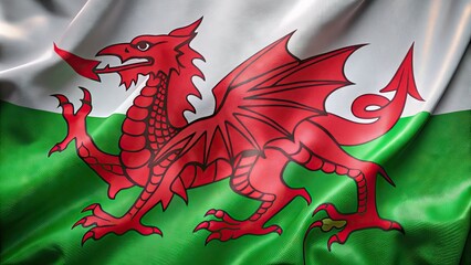Vibrant red and green Welsh flag flows gently in the wind, its silky texture and intricate folds capturing the beauty of national pride and heritage.