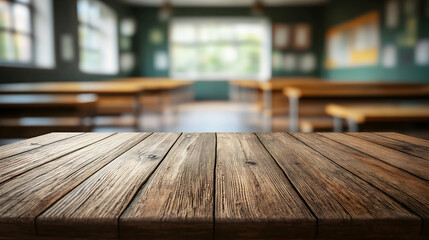 Wooden table in focus with a blurred classroom background, highlighting education, learning spaces, and school environments.
